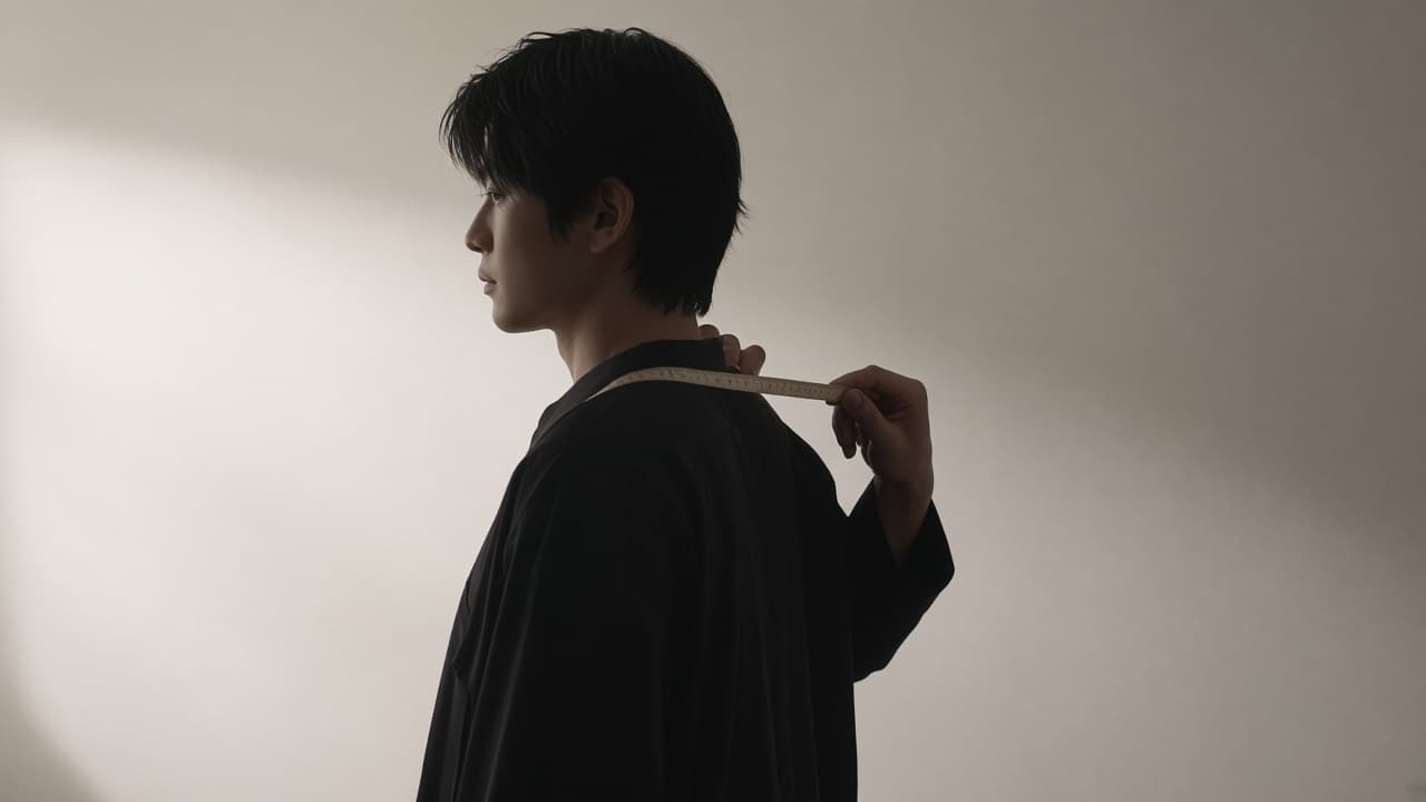 メジャーで肩幅を測る様子
